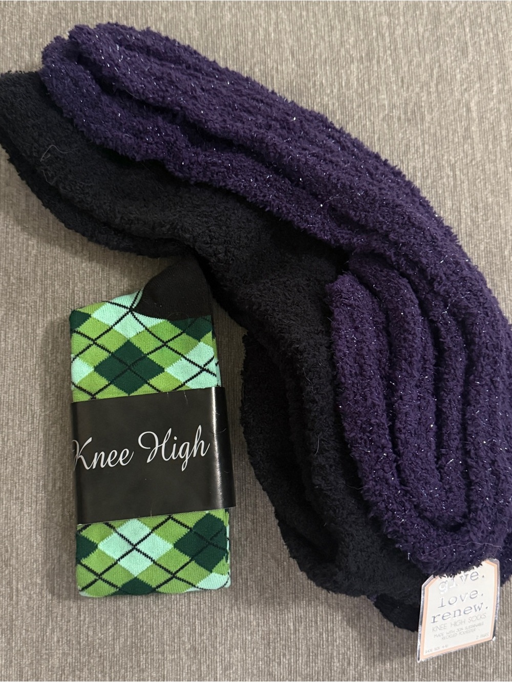 Cozy Black & Purple Lounge Socks with Green Argyle Knee Highs